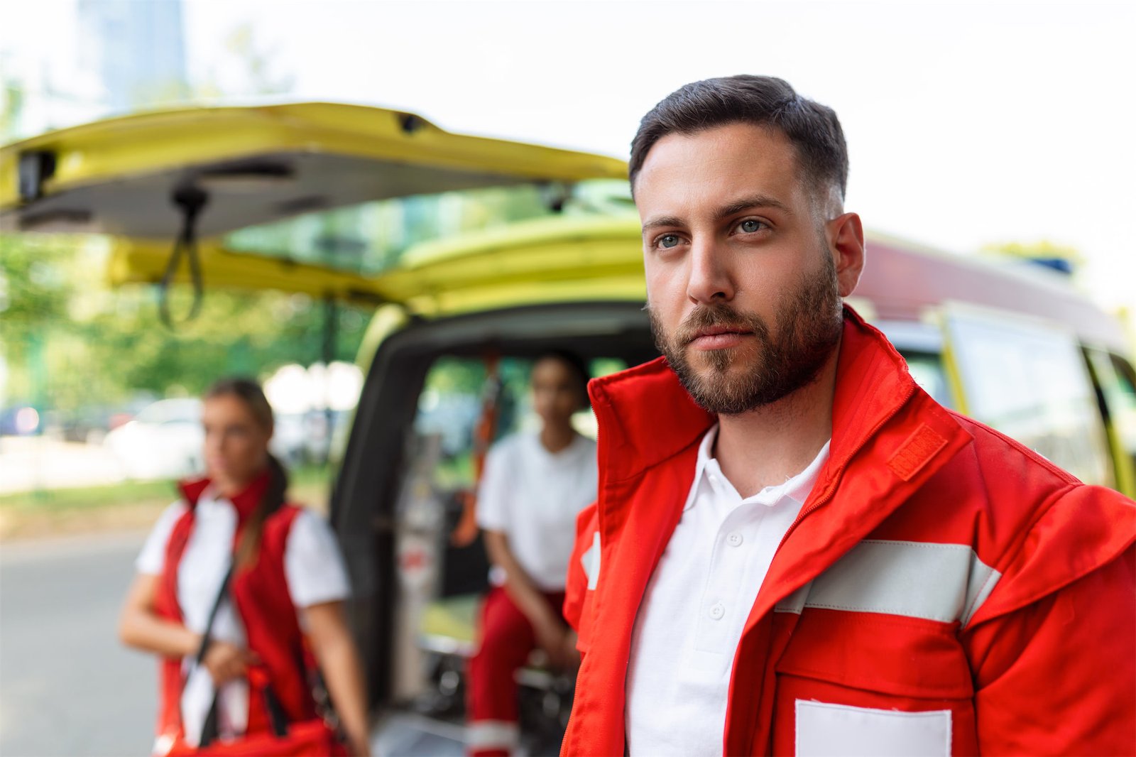young-man-paramedic-standing-rear-ambulance-paramedics-by-ambulance-two-paramedics-coming-out-from-ambulance-verkleind